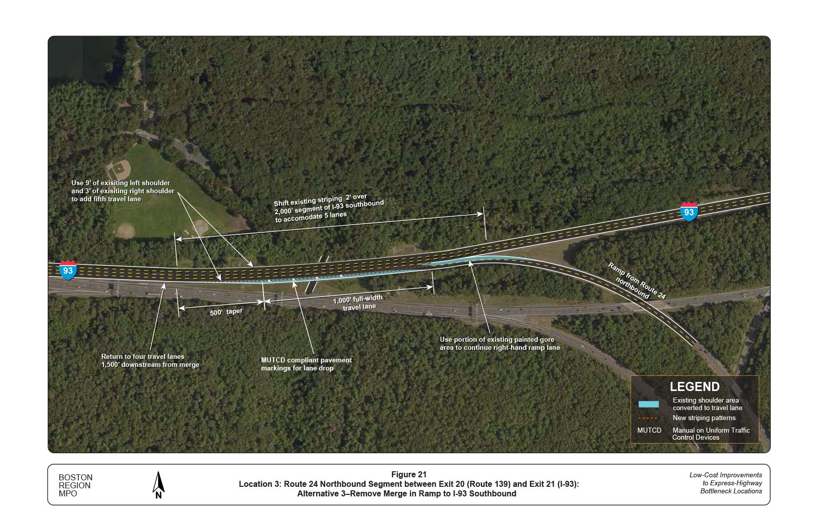 FIGURE 21. Location 3: Route 24 Northbound Segment between Exit 20 (Route 139) and Exit 21 (I-93): Alternative 3–Remove Merge in Ramp to I-93 Southbound
Figure 21 shows an alternative improvement in this location to address safety and operational issues at the bottleneck. The figure shows the removal of the merge in the ramp on I-93 Southbound and the addition of an acceleration lane for the leftmost lane.
